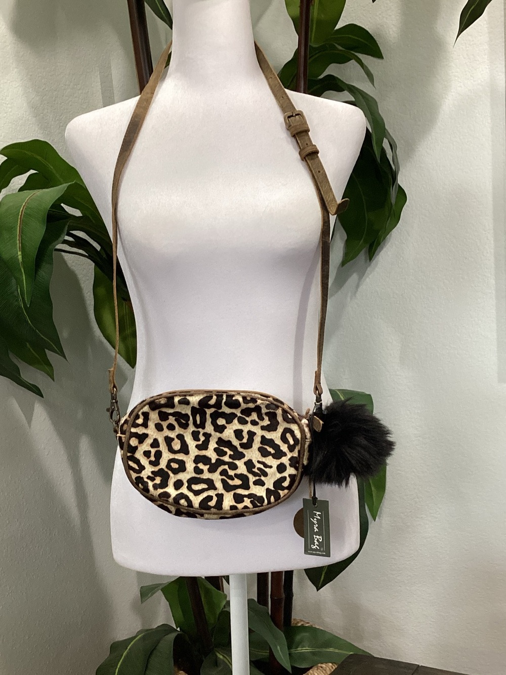 Myra Leopard Print Crossbody Bag with Black Pom Accent
